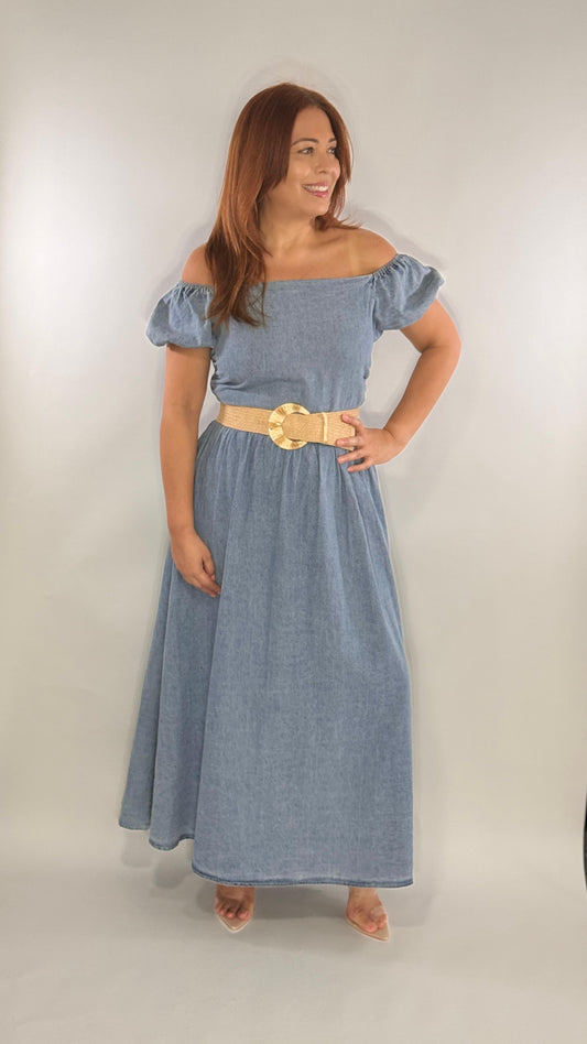 Valeria's Off Shoulder Denim Maxi Dress