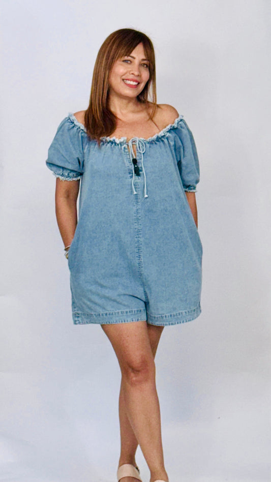 Estela's Off Shoulder Denim Romper