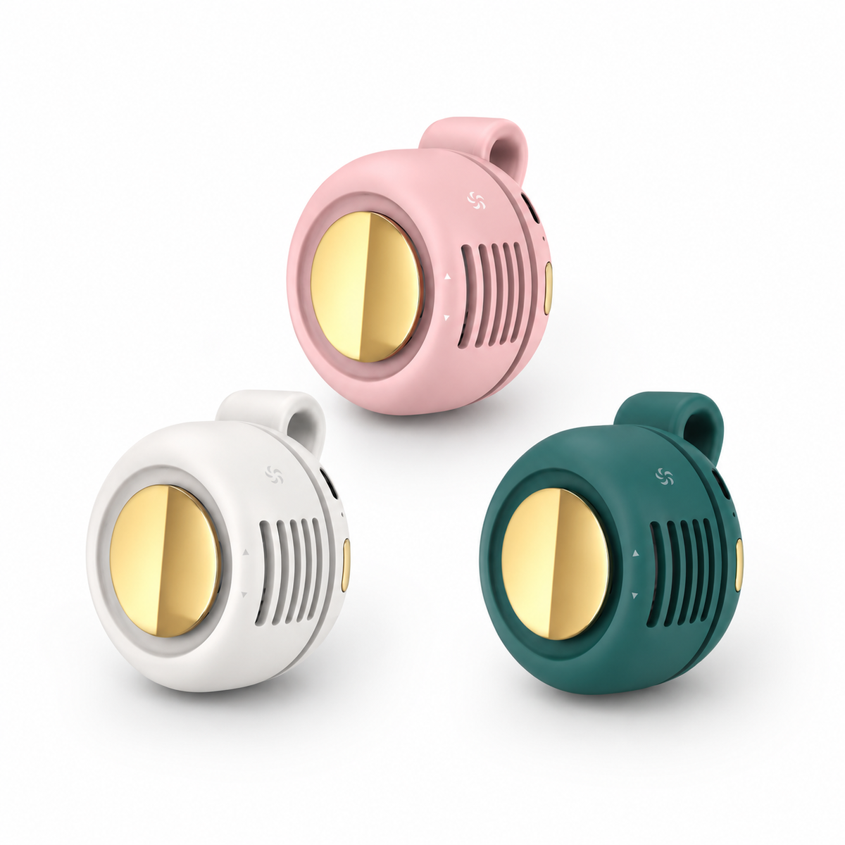 Abanico portátil recargable con clip de silicona, tres velocidades y ajuste de aire de 360 grados, disponible en rosa, blanco y verde.
