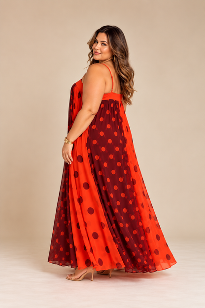 Vestido maxi plus size de mujer en naranja y burgundy con polka dots, tirantes ajustables y silueta amplia y fluida.