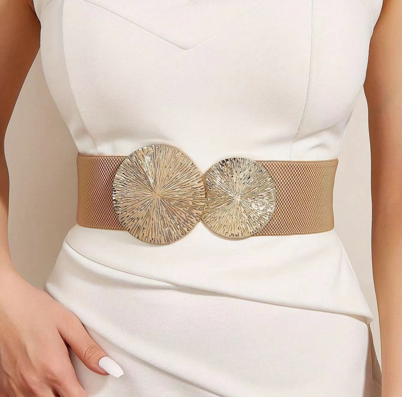 Beige double round elastic belt