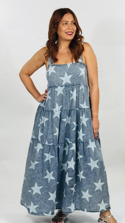 Martina's Denim Tencel Stars Maxi Dress